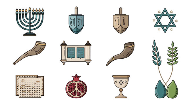 Set of Jewish holiday symbols including menorah dreidel and torah scroll icons on white background