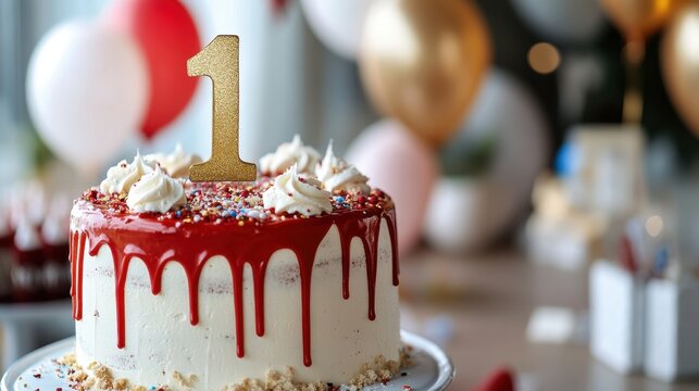 First birthday celebration cake with red drip icing and number one topper for festive party decor