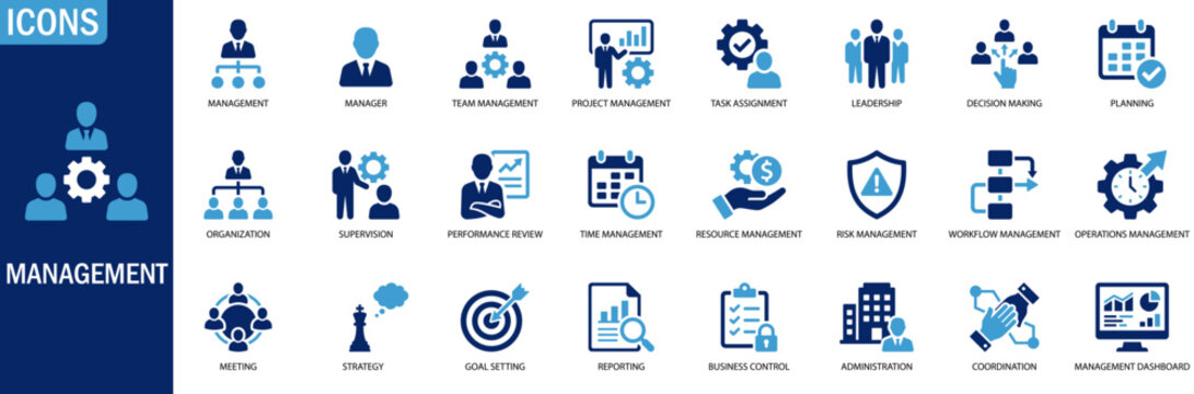Management icons set for business project leadership strategy planning organization workflow task manager corporate team