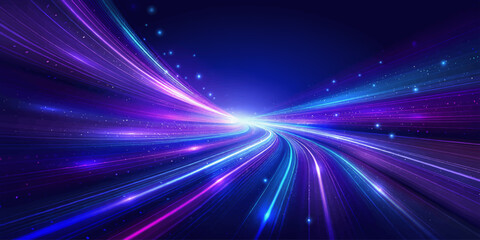Abstract speed trails and light streaks in vibrant purple and blue hues illuminate a dark, cosmic background, creating a sense of dynamic movement and futuristic energy. © LumenCraft