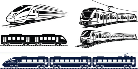Train vector icon set featuring high speed bullet trains passenger subway tram and locomotive railway transportation designs. © MstBabli