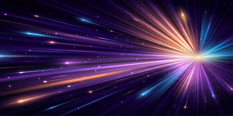 Abstract explosion of light streaks and glowing particles in shades of purple, orange, and blue, creating a sense of dynamic energy and futuristic motion. © LumenCraft