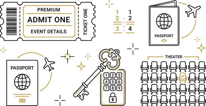 Travel tourism passport international flight event admission ticket and theater seating row reservation line vector icon set