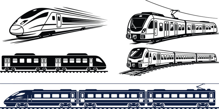 Train vector icon set featuring high speed bullet trains passenger subway tram and locomotive railway transportation designs.