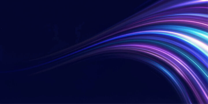 Abstract glowing light trails in vibrant shades of blue, purple, and pink swirl and curve across a dark navy background, creating a dynamic sense of speed and motion.