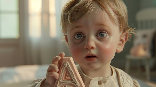 Soft light glows through the window. Baby holds a wooden block with wonder. Large eyes reflect surprise and curiosity. Sweet cheeks glow with innocence. Calm room hints at bedtime or playtime