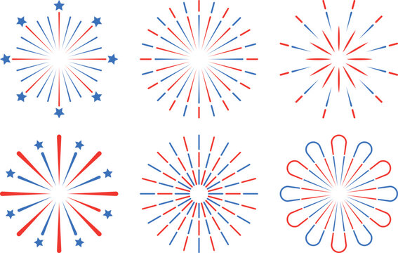 Patriotic firework designs in red white and blue, 4th of july fireworks vector set