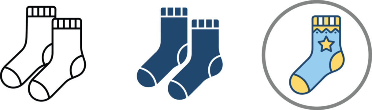 Vector sock icon set featuring linear outline solid blue silhouette and a colorful starred winter apparel design.