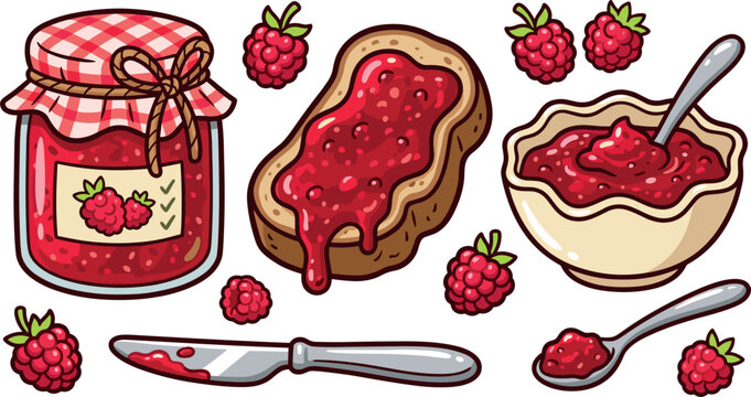 Homemade Raspberry Jam Vector Icon Set with Fruit Glass Jar Toast Bread Sweet Marmalade Bowl and Kitchen Utensils for Breakfast Menu Designs