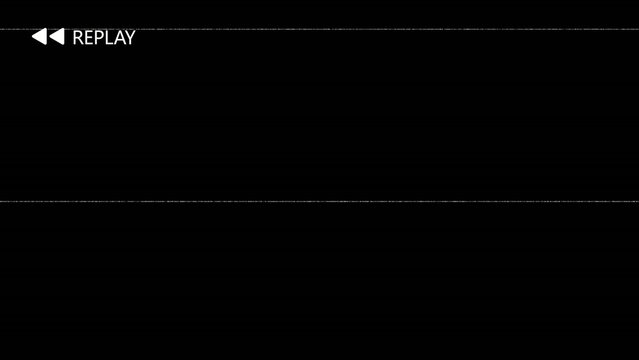 Retro VHS style replay text with rewind icon and white scanlines over a solid black background for video playback interface