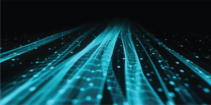 An abstract flowing dynamic loop of bright blue neon light trails forming an intricate interconnected knot against a dark deep blue background representing energy flow and digital connection