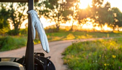 Golf glove hanging on a cart with a scenic sunset over the course