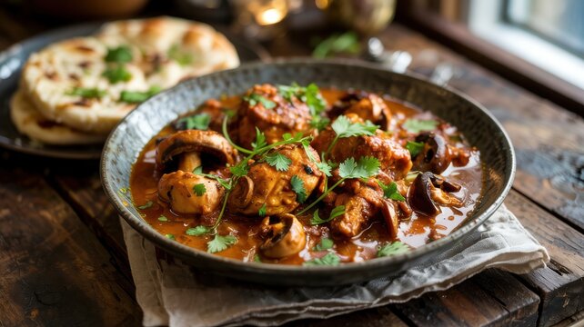 A hearty and flavorful dish of North Indian cuisine is Mushroom curry with chicken (Chicken Mushroom Masala / Curry) served with traditional tortillas.