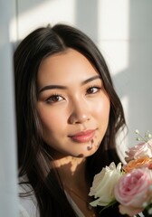Fototapeta premium Serene asian woman with flowers natural light portrait