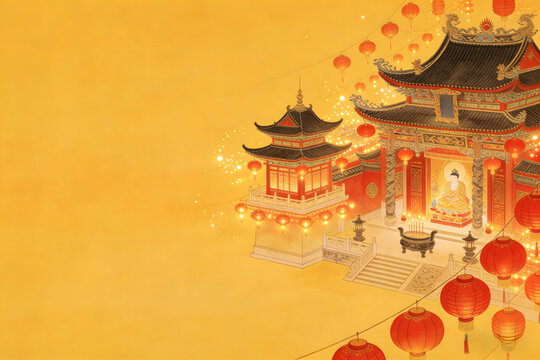 Traditional Chinese temple with red lanterns and golden Buddha statue on warm yellow background