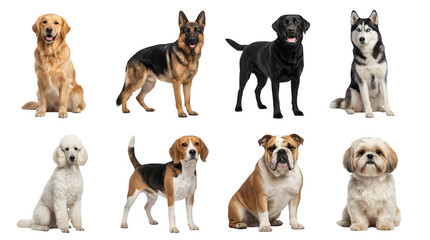 Fototapeta premium Set of popular dog breeds including retriever, shepherd, husky, poodle, beagle, bulldog isolated on transparent background