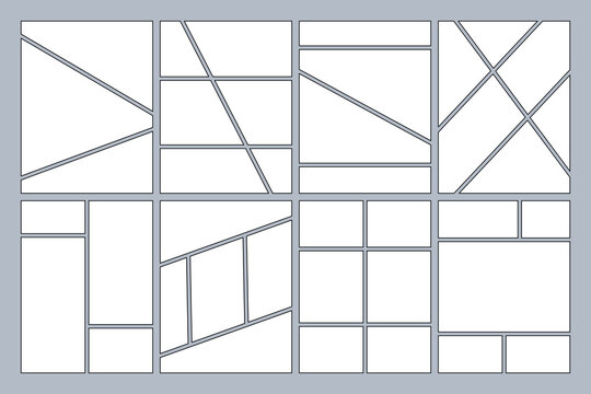 Set of Collage grid Manga collage blank template different types of Storyboard layout panel, Comic book board mockup with grey background.