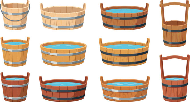Wooden Tub and Bucket Vector Icon Set Featuring Rustic Water Basins Tubs Pails and Cooperage Containers for Farm Bath and Garden Designs