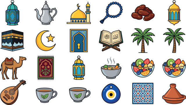 Islamic Culture and Ramadan Holiday Icon Set Featuring Kaaba Mosque Quran Lanterns Prayer Mat Camel Dates and Traditional Arab Symbols Vector Illustration