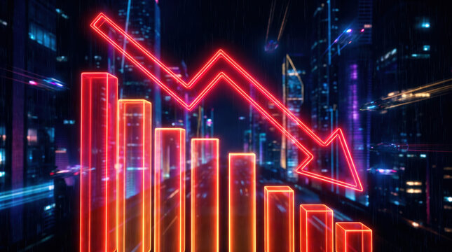 Financial market crash with red downward arrow and graphs indicating global economic recession and business investment losses on digital screen.