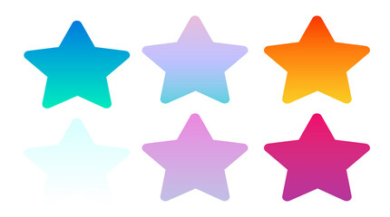 Obraz premium 3D render of six colorful star icons with gradient fills in blue, green, purple, orange, pink, and magenta tones, isolated on transparent background, modern decorative design for rating and apps. png