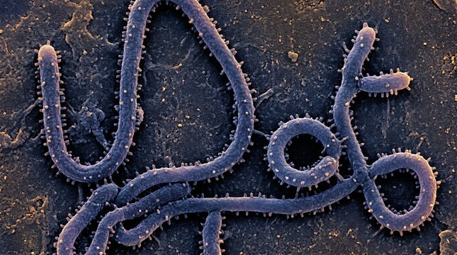 Scanning electron micrograph of ebola virus particles on a dark surface