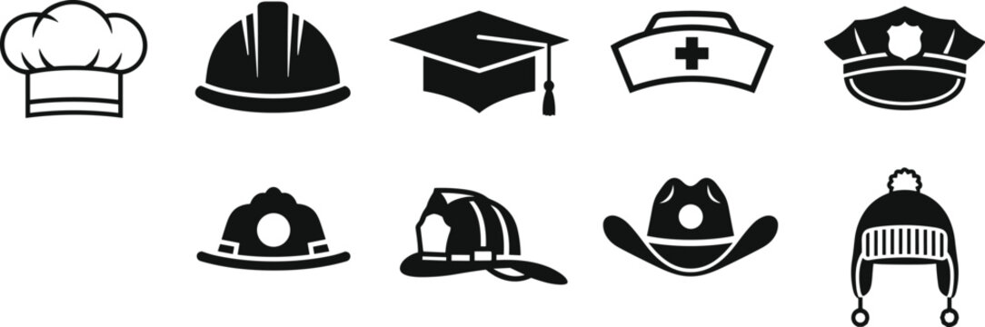Black silhouette icons of chef hat, hard hat, graduation cap, nurse cap, police cap, miner helmet, firefighter helmet, cowboy hat, winter hat