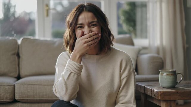 Giggling woman covering mouth on neutral background