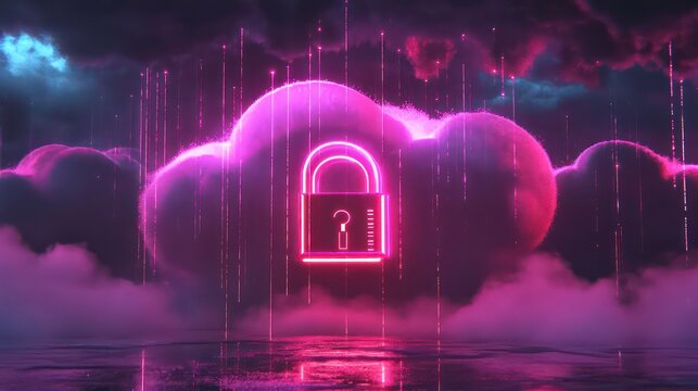 A neon pink cloud with a padlock inside, representing secure data storage.