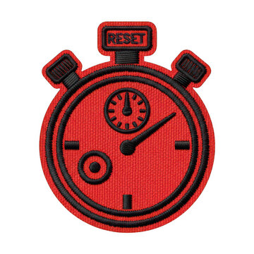 Red and black embroidered stopwatch patch with reset button icon Isolated transparent icon png