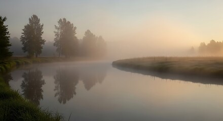 Fototapeta premium serene landscape, misty river, sunrise, natural scenery