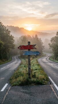 Fork in the road with wooden signpost at sunrise nature scene serene environment landscape view