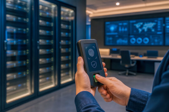 Hand using biometric fingerprint scanner in secure server room