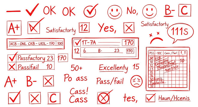 Red checkmarks and smiley faces on white background, grading and feedback concept, education and assessment
