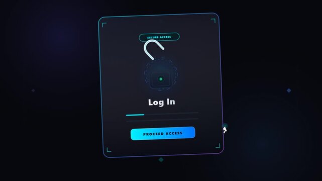 Futuristic digital login interface with unlocking padlock animation