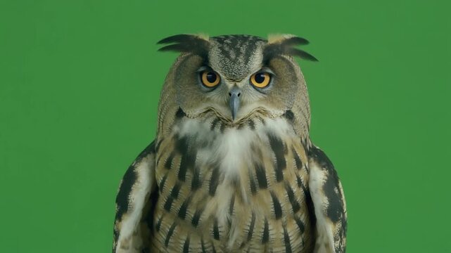 A majestic Eurasian Eagle-Owl with intense orange eyes and prominent ear tufts stares directly forward against a vibrant green screen background.