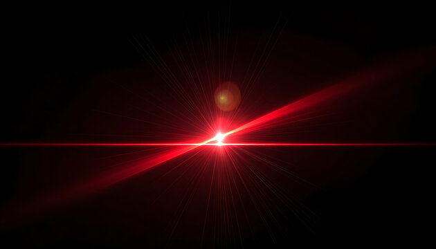 Abstract red light flare with starburst effect and glowing orb on black background, dynamic energy burst, digital art
