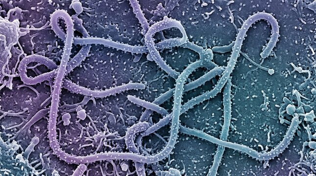 Scanning electron micrograph of ebola virus particles on a cell surface