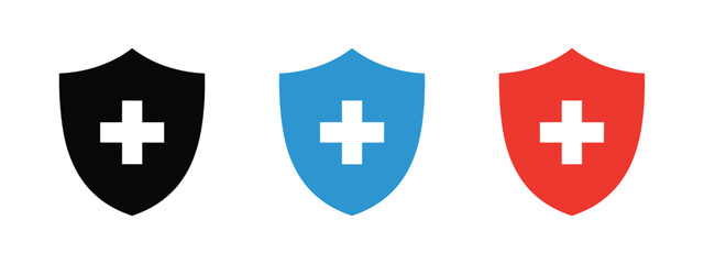 Fototapeta premium Shield with cross icons showcasing protection and health safety symbols for medical support, security systems, and emergency response design. Vector illustration.