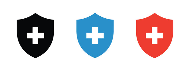 Fototapeta premium Shield with cross icons featuring protection and medical safety symbols for healthcare, security, and defense system applications. Vector illustration.