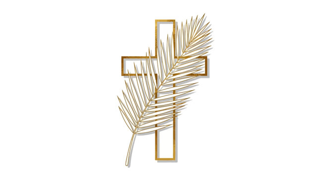Golden cross with palm leaf, christian symbol, easter background