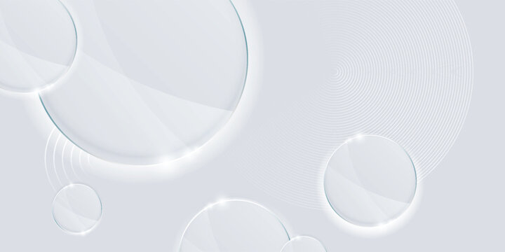 Abstract light gray and white geometric background with elegant 3D neumorphic circles and multiple glossy glassmorphism plates. Modern minimalist backdrop featuring soft shadows, reflective glass