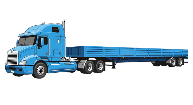 Blue semi truck with flatbed trailer, transportation concept, logistics background