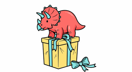 Red triceratops on gift box, cartoon dinosaur illustration, children's birthday concept © Steven