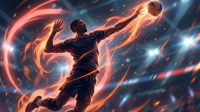 Athletic man jumping and spiking volleyball with fiery energy in stadium