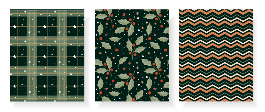 Seamless Christmas pattern set with plaid, holly berries, stars and zigzags in dark green and warm beige tones, ideal for wrapping paper, textile, wallpaper, packaging and holiday decor.
