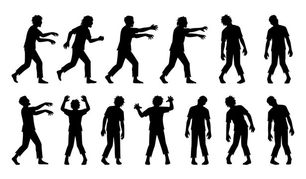 Full body zombie silhouette vector pack with horror undead action poses isolated on white background