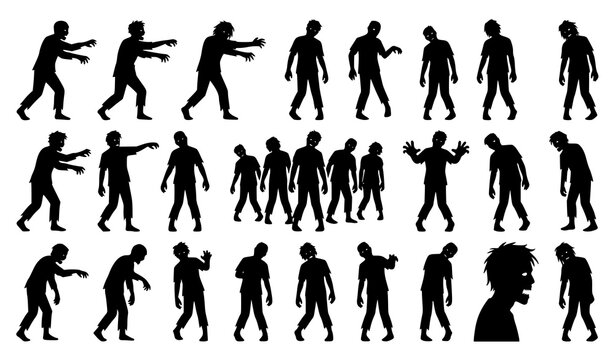 Front view zombie silhouette characters with dynamic undead action poses vector illustration set