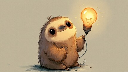 Fototapeta premium Cute sloth in a cartoon drawing gets a bright idea.