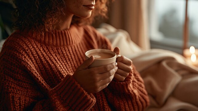 Gem&uuml;tliche Herbstkaffee-Szene mit Decke und warmem Licht